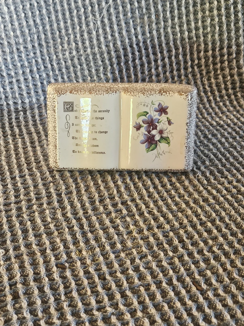 Ceramic Decorative Book Plaque with Purple Floral Accent
